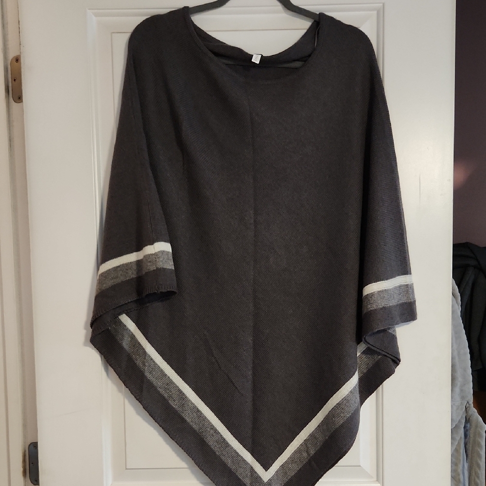Gray Poncho with White and Cream Stripes